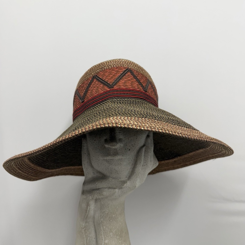 Vintage Eric Javits Straw Hat Southwestern Design Style Wide Brim - Picture 4 of 8
